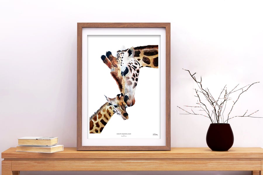 Giraffe Art Print - 'Giraffe Mother and Baby' - A5 A4 A3 Wildlife Art Print