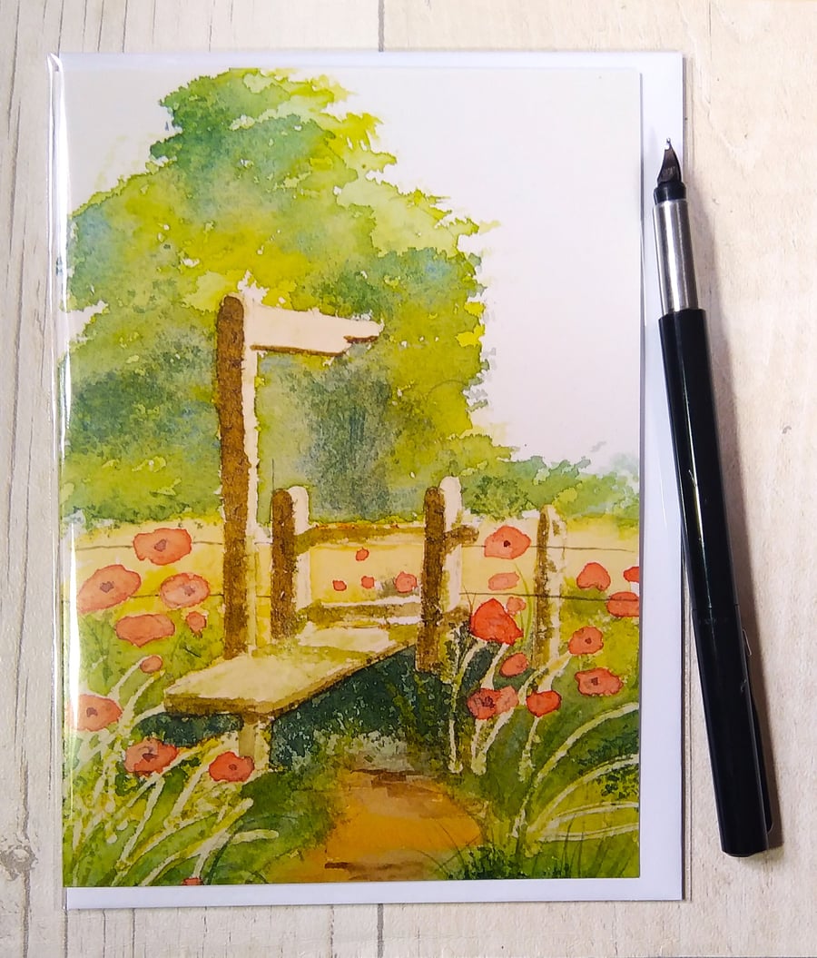 Birthday card. (Printed) Over the stile. Scenic card. Scenery, Summer. Poppies.