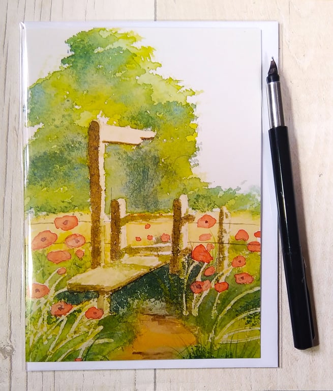 Birthday card. (Printed) Over the stile. Scenic card. Scenery, Summer. Poppies.