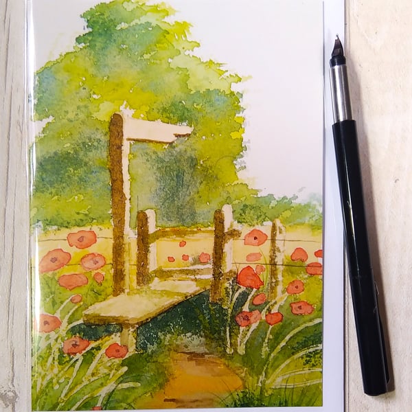 Birthday card. (Printed) Over the stile. Scenic card. Scenery, Summer. Poppies.