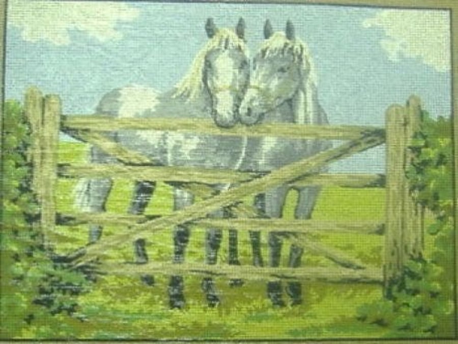 2 White Horses At The Gate Tapestry Needlepoint Canvas