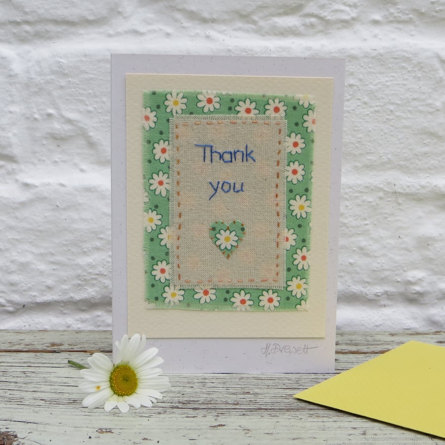 Hand-stitched Thank You card with pretty retro flower print fabric