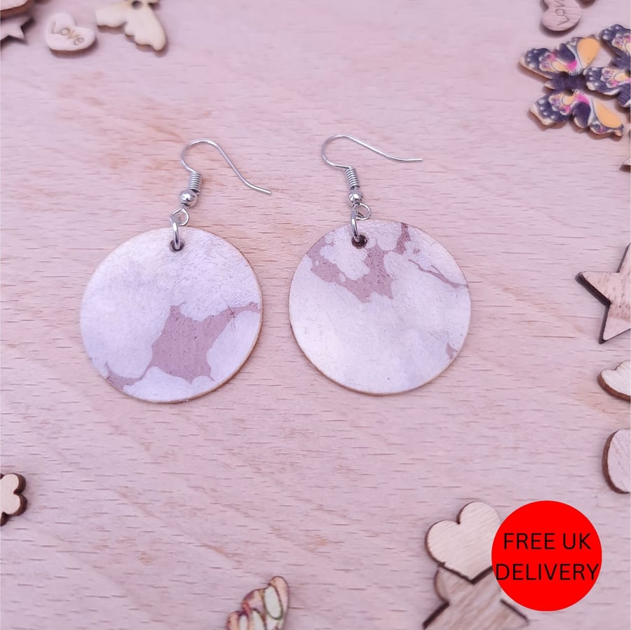Grey Gold Marble Wooden Decoupaged Round Stainless Steel Earrings - FREE UK P&P