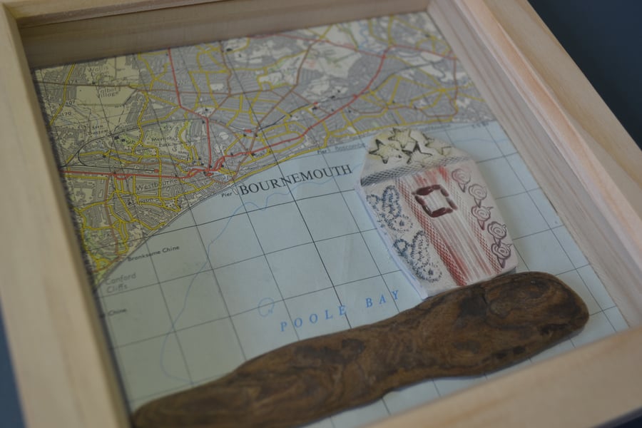 New Home gift ceramic house, driftwood & vintage map of Bournemouth
