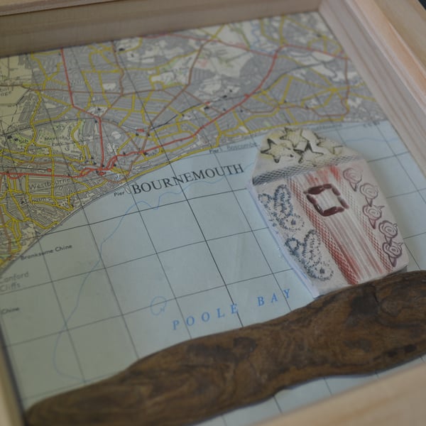 New Home gift ceramic house, driftwood & vintage map of Bournemouth