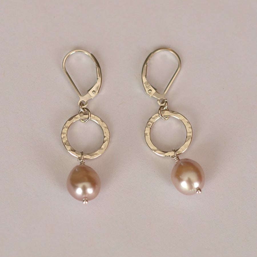 Pink Pearl Earrings with Hammered Silver Rings