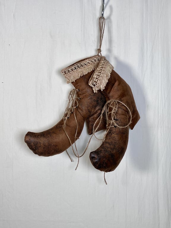 Hanging Halloween Ornament. Witch boots for halloween. Wise Woman boots. Brown w