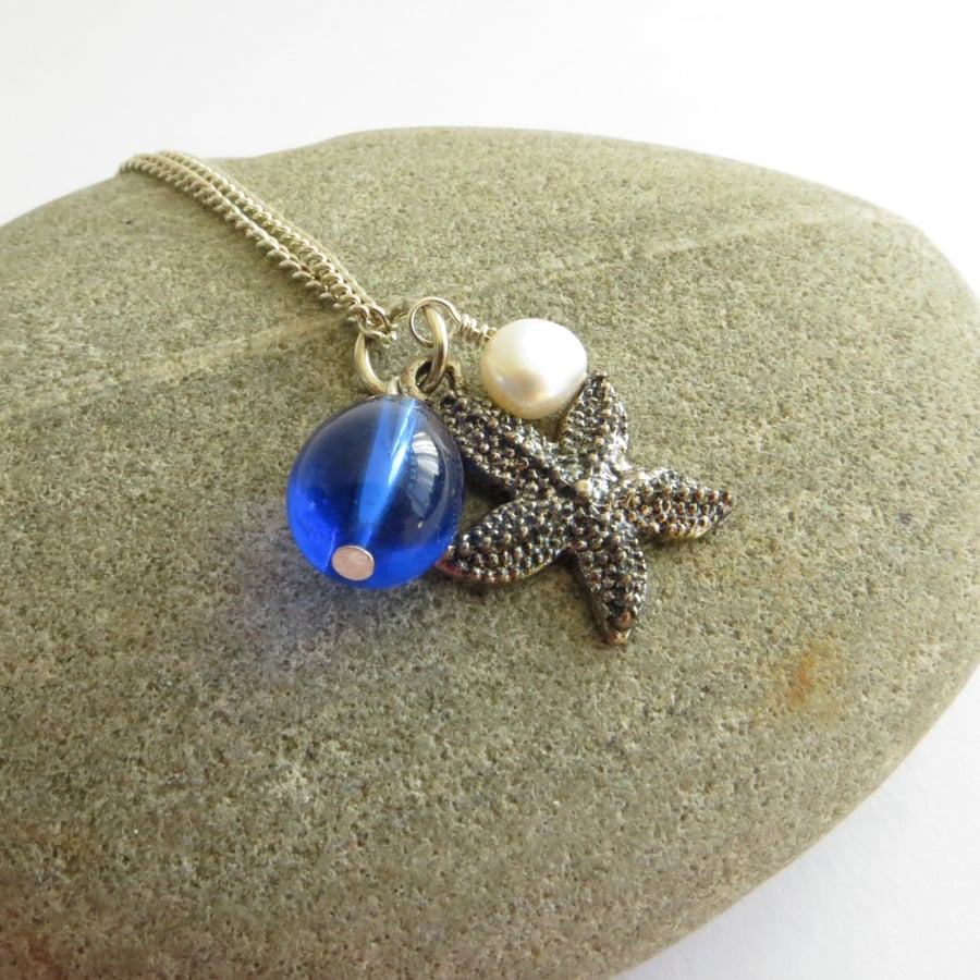 Starfish Necklace, Freshwater Pearl and Cobalt Blue Glass, Seaside Jewellery
