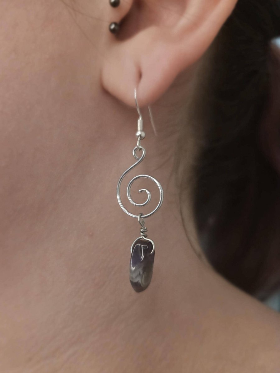 Sterling silver wire wrapped spiral dangle earrings with amethyst points