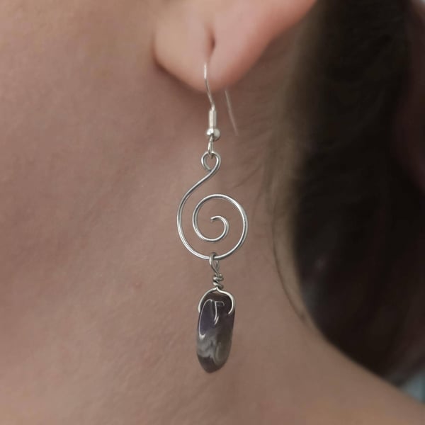 Sterling silver wire wrapped spiral dangle earrings with amethyst points