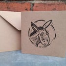 Donkey lino print card. 6x6 inches with envelope.