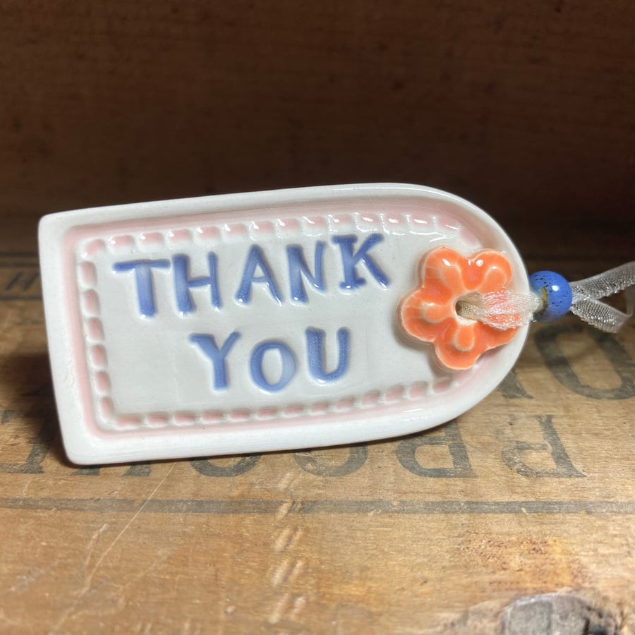 Small Ceramic Thank You gift tag decoration with flower