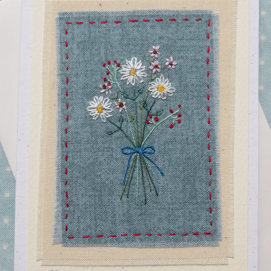Small hand stitched card, intricately embroidered, detailed and delicate