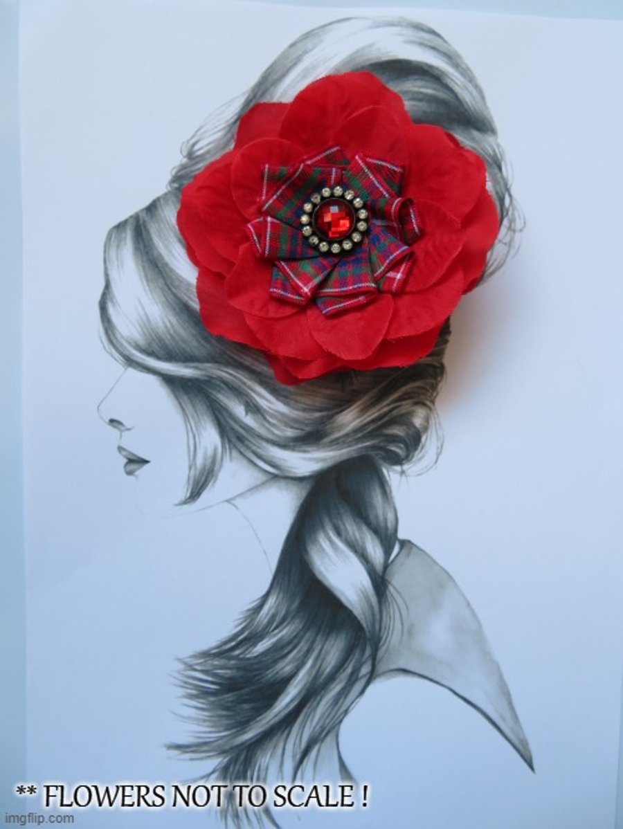 Scarlet Red Rose Frazer Tartan Plaid Flower Hair Clip Wedding Vintage Gift 