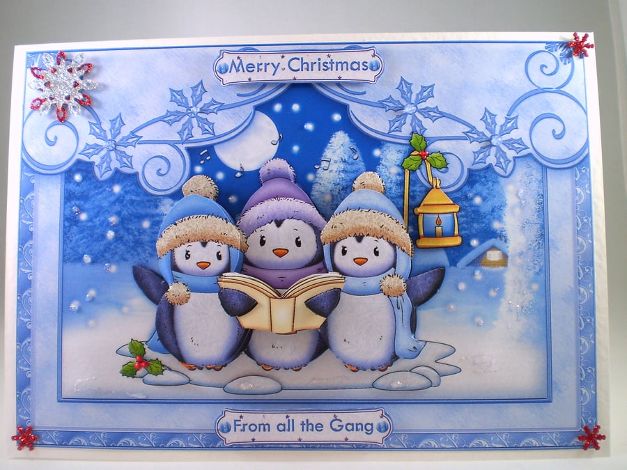Handmade  Singing penguins Christmas Card,personalise,decoupage,3D