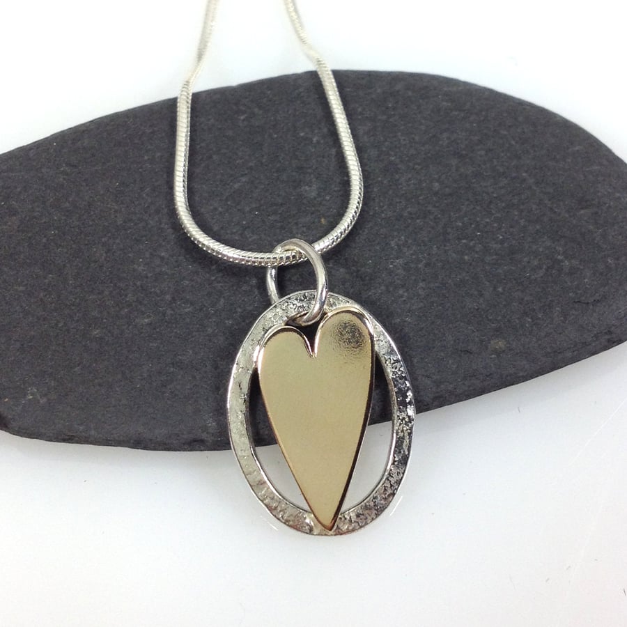 Silver and gold heart necklace love token or valentines gift