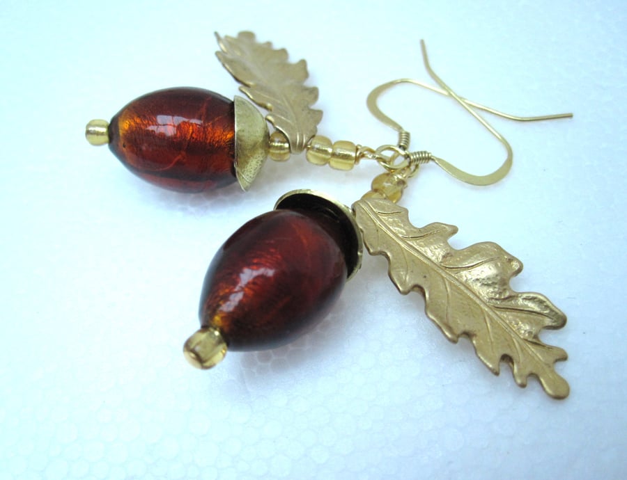 Acorn & Oak Earrings Autumn Venetian Murano Glass Oak & Acorn Earrings