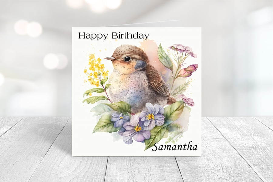 Personalised Spring Birds Birthday Card. Design 1