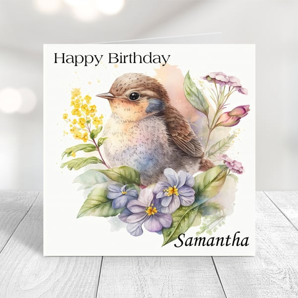 Personalised Spring Birds Birthday Card. Design 1