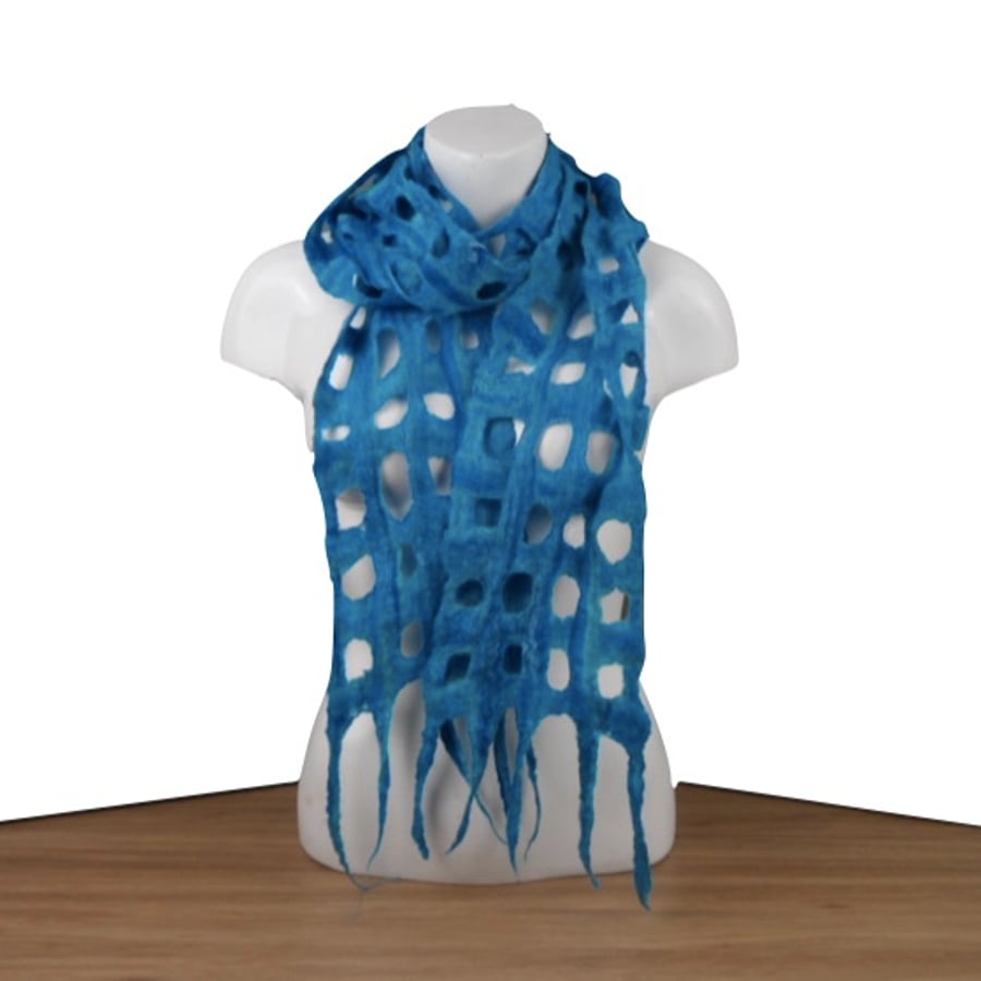 Open weave felted blue scarf in a gift box
