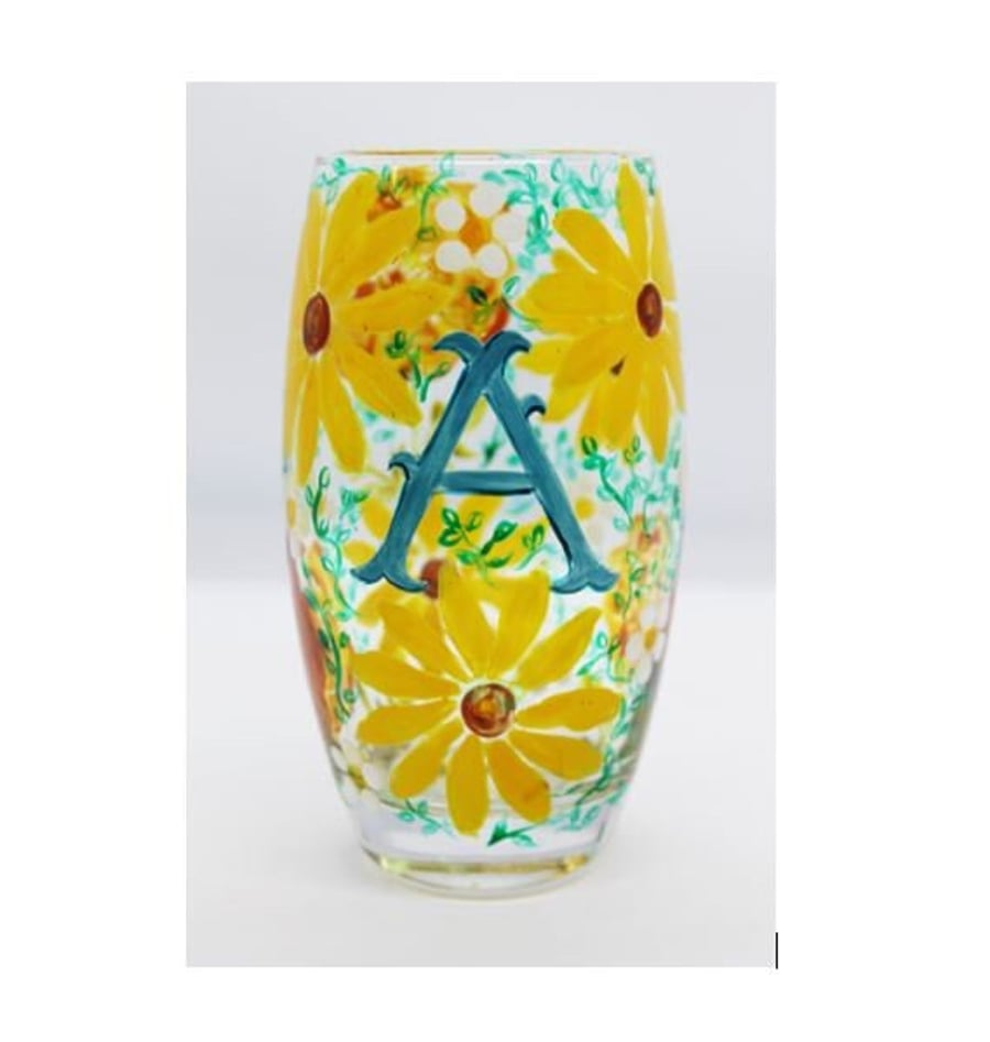 Hand Painted Sunflower Highball Glass Tumbler Personalised with Alphabet Letter