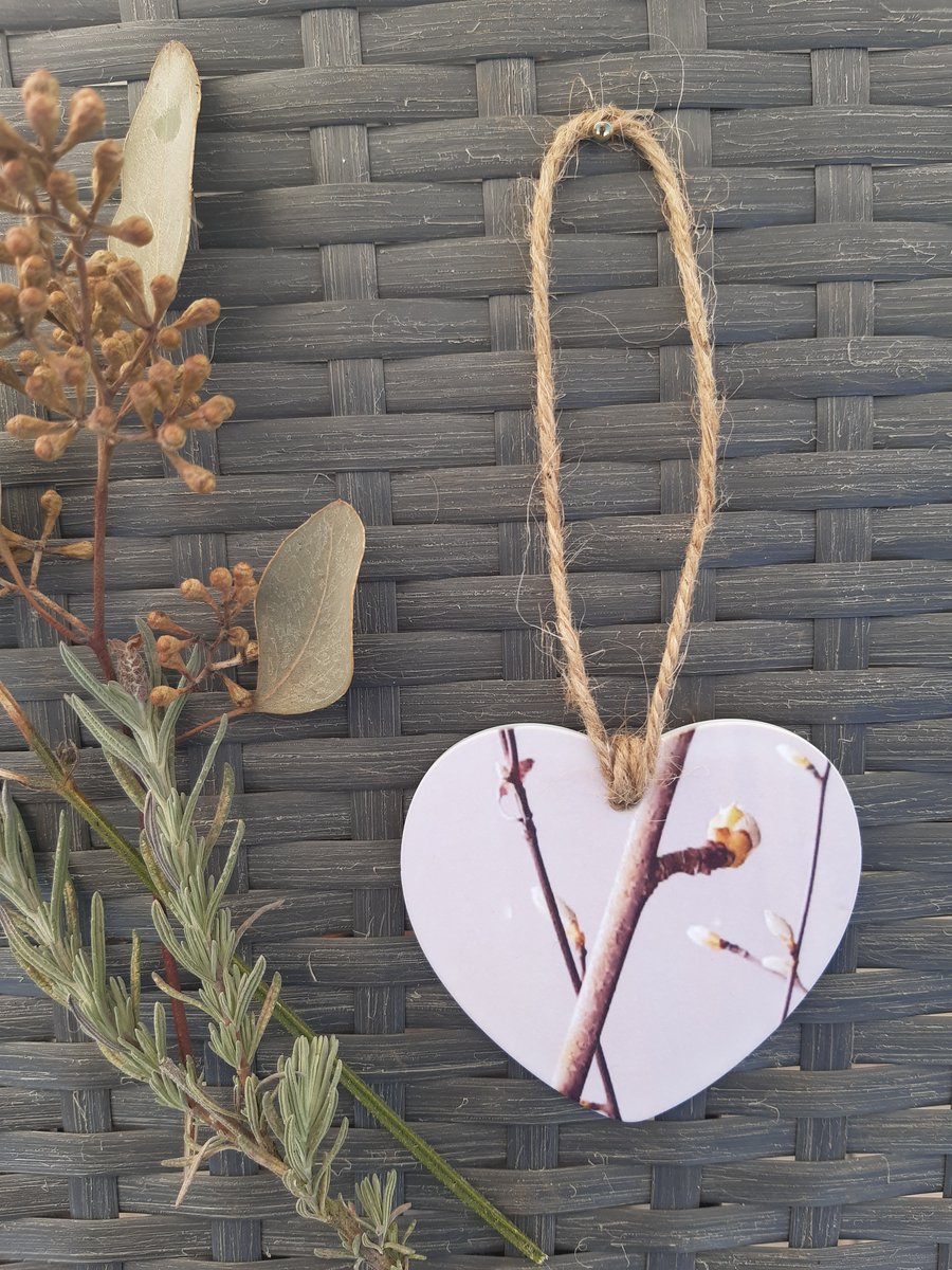 Hanging heart decoration - keepsake - letterbox gift - Pink tree bud print.