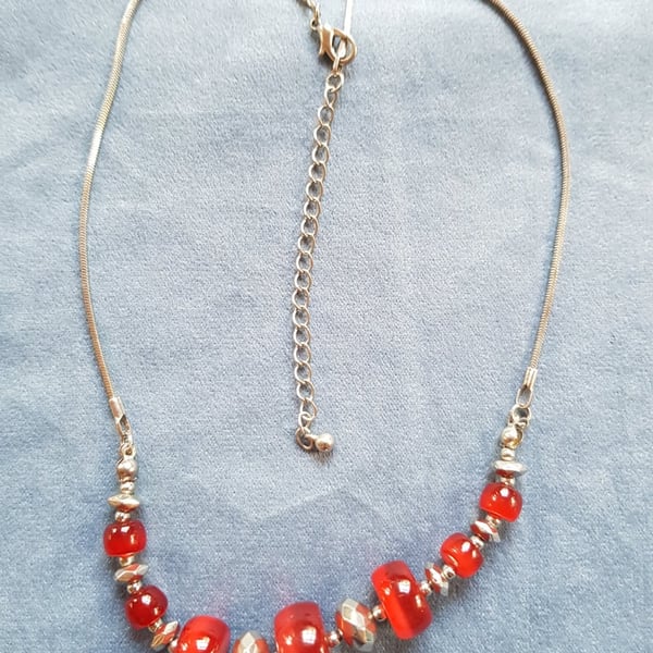 Hand Crafted Red and Silver slightly chunky Necklace - Adjustable Length
