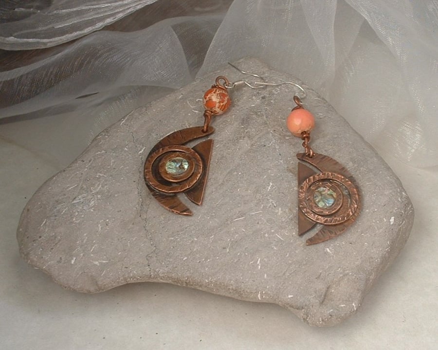 "Cosmic" Copper Crescent Earrings with Mother of Pearl & Jasper Beads