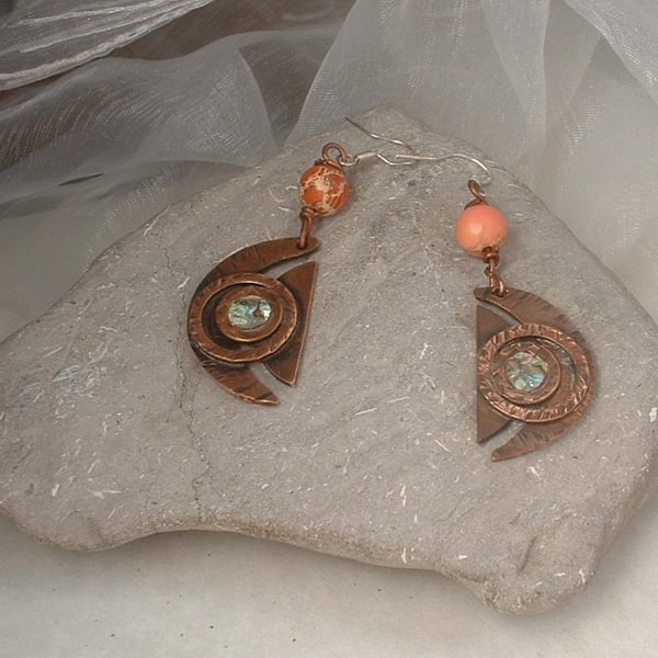 "Cosmic" Copper Crescent Earrings with Mother of Pearl & Jasper Beads