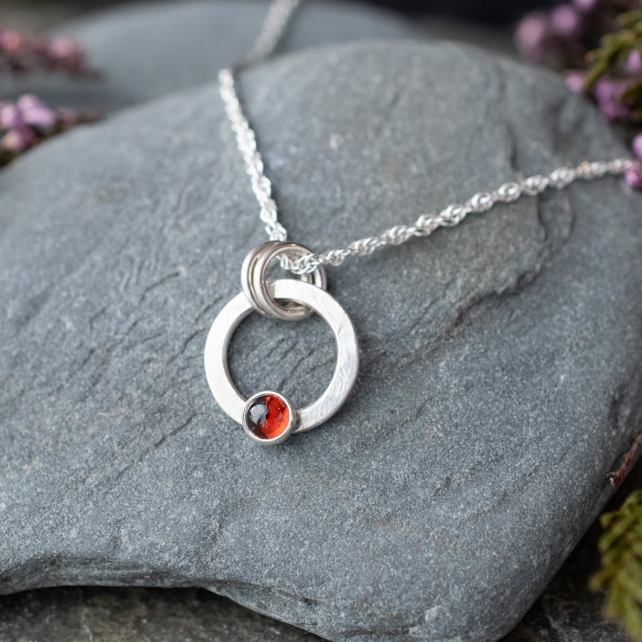 Red Garnet Gemstone Sterling Silver Circle Ring Necklace