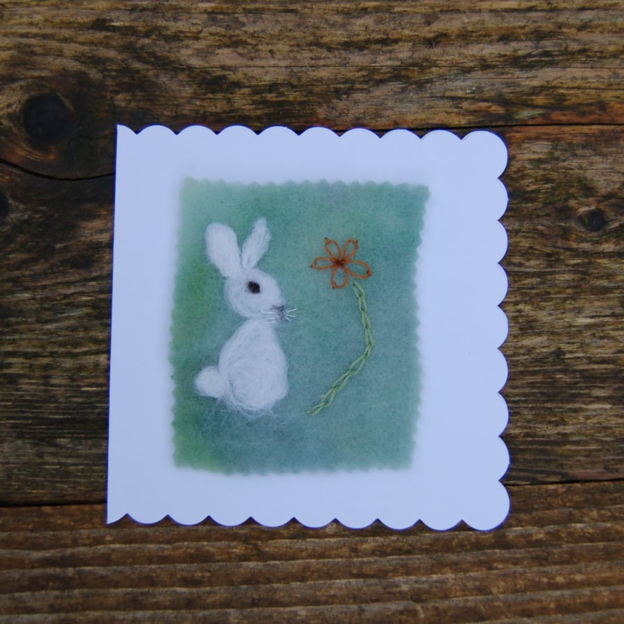 Needle Felt White rabbit  wool card.   Blank Greetings card.  Rabbit card 