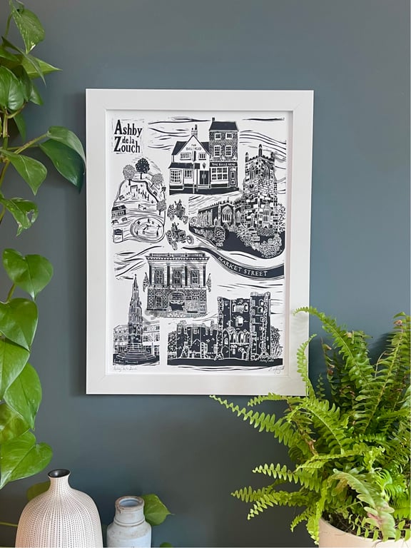 Ashby de la Zouch Original Lino Print in Black and White