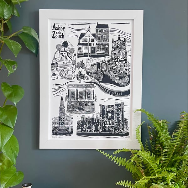 Ashby de la Zouch Original Lino Print in Black and White