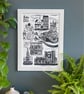Ashby de la Zouch Original Lino Print in Black and White