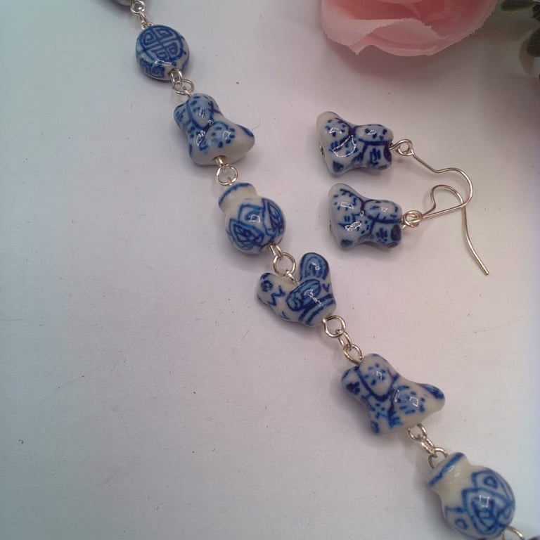 Bracelet and Earring Set Made with White Ceramic Beads with Blue Pattern