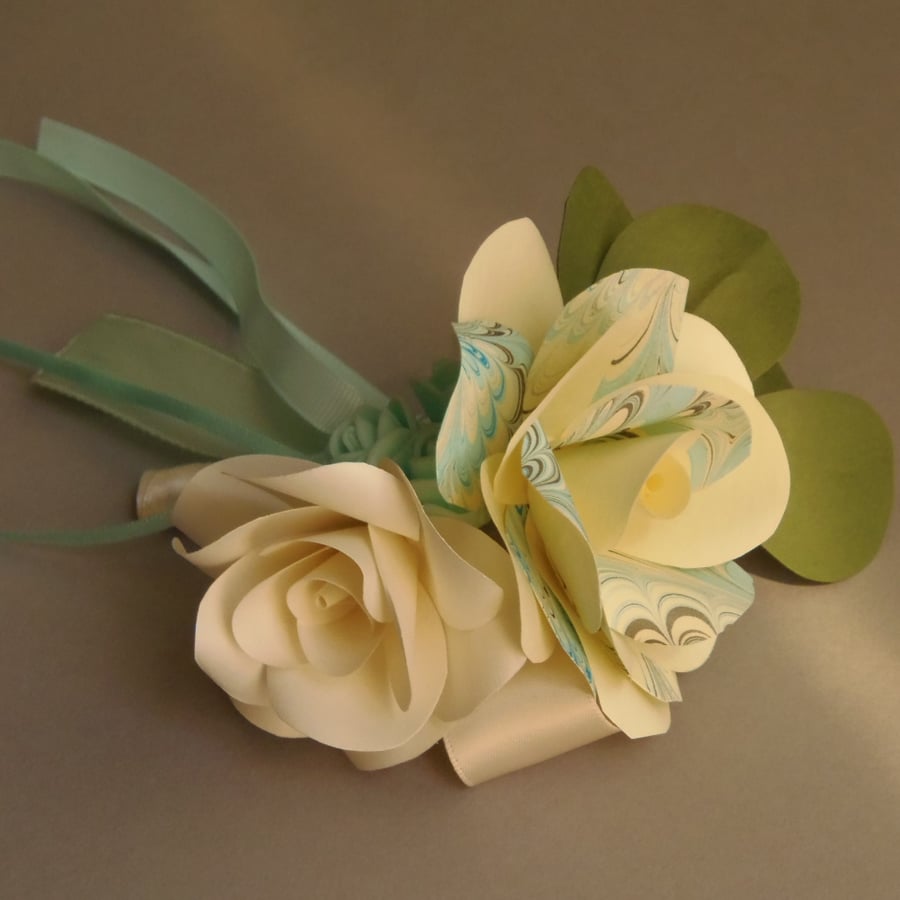 Marbled Light Blue and Ivory Corsage Buttonhole Arrangement
