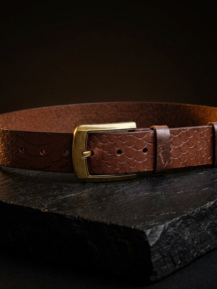 Glazed Brown Full Grain Embossed Leather Belt Basketweave Mens Belt 38mm