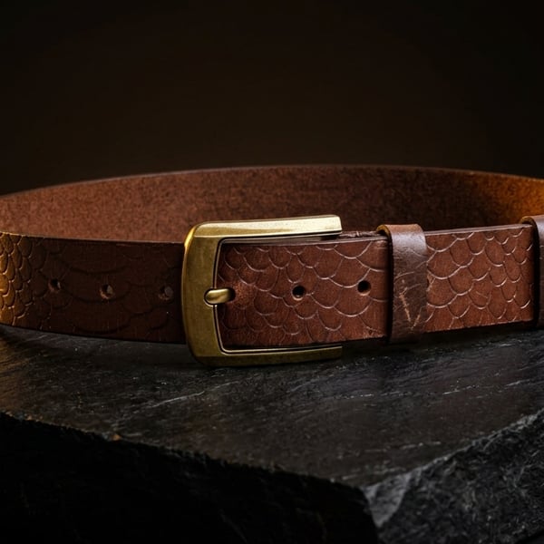 Glazed Brown Full Grain Embossed Leather Belt Basketweave Mens Belt 38mm