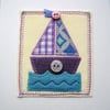 Textile Boat Greeting Card, appliqué nautical motif in blue and purple
