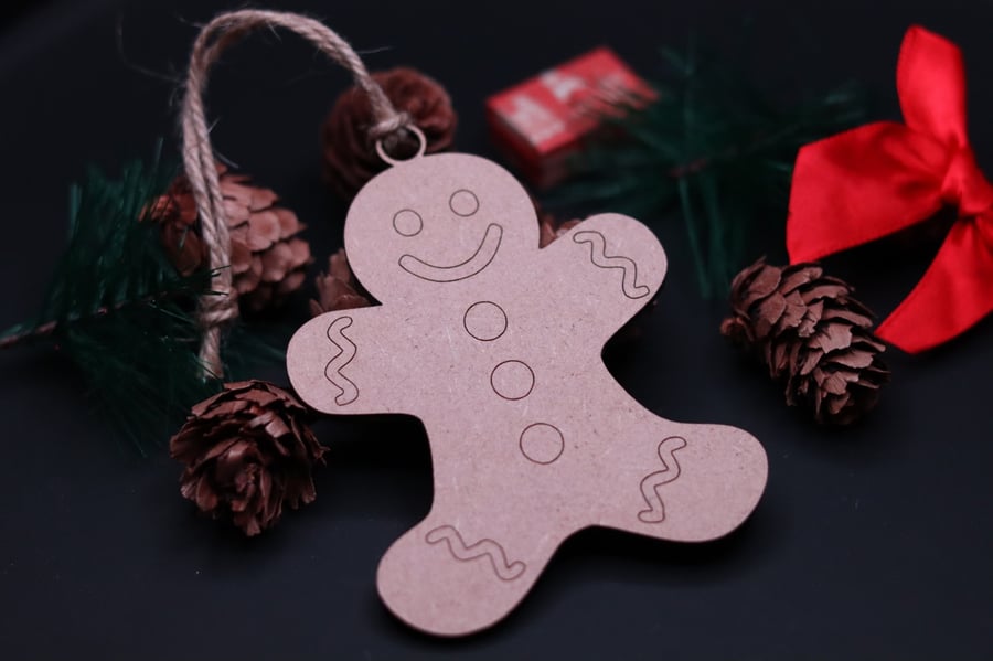 Gingerbread Christmas Hanging Decoration with String (Engraved Outline)