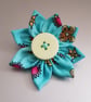 Turquoise Fabric Flower Brooch with Cream Button - Colourful Textile Pin - Image 2