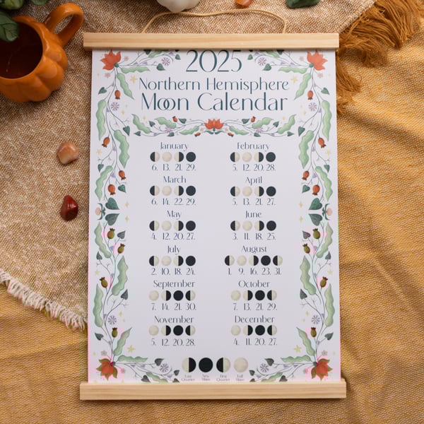 2025 Moon Calendar - Illustrated Lunar A3 Wall Art - Northern Hemisphere