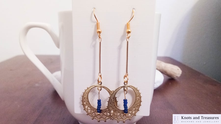 SALE Gold Dangle Earrings with Royal Blue Beads