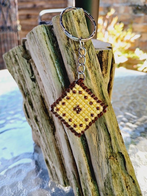 Key Ring, Embroidered with Beads on Plastic Canvas