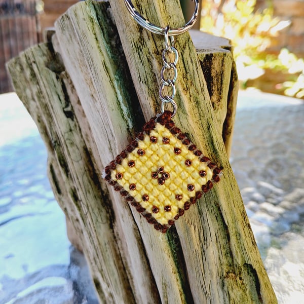 Key Ring, Embroidered with Beads on Plastic Canvas
