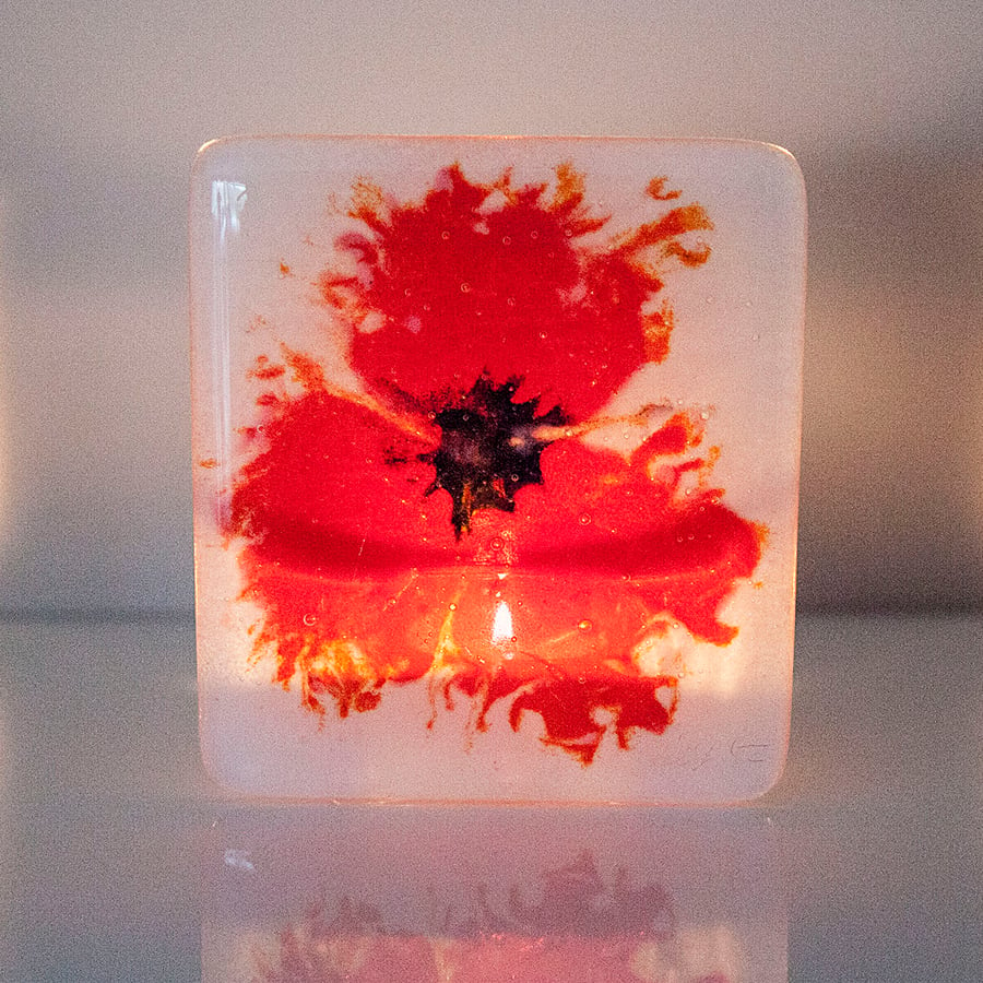 Poppy Fused Glass Tea-light Candle Holder