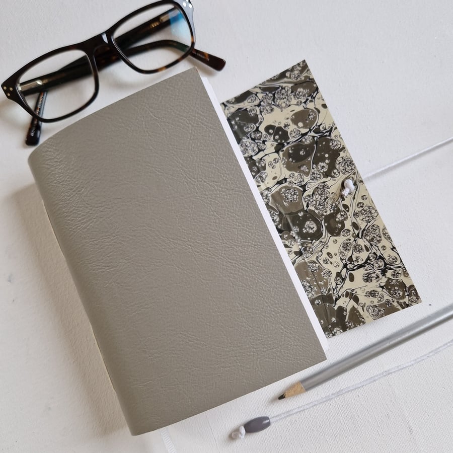 Grey Leather Journal or Notebook, lined with marble paper, A6, gift for him