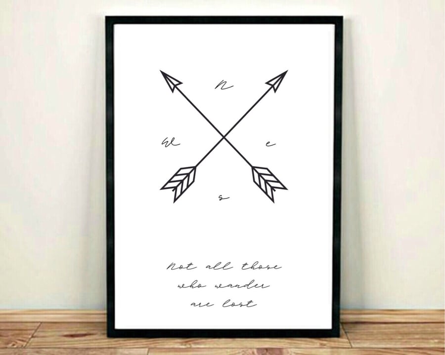 Not All Those Who Wander Are Lost Compass Art Poster Travel Quote Art Print Tolk