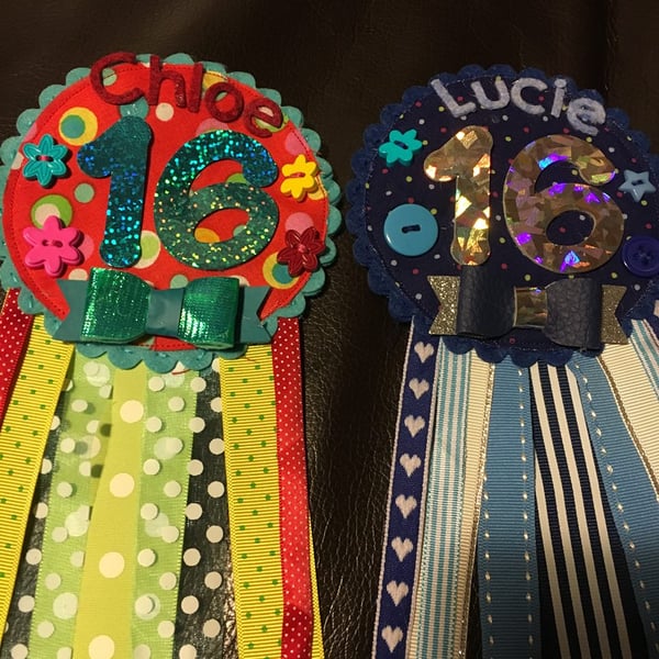 Birthday badge-Rosette - personalised 16th birthday