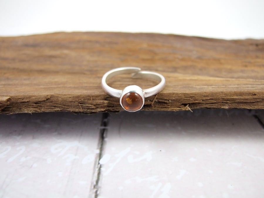 Sterling Silver and Amber Ring, Adjustable Fit, Freesize